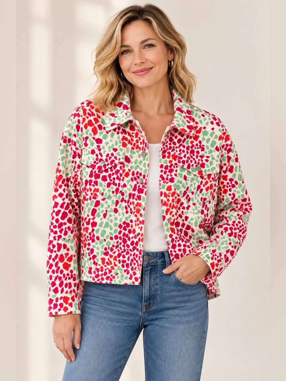 NWT Emily Wonder Soft Ribbed Animal Print Shacket Jacket Small Pink Green